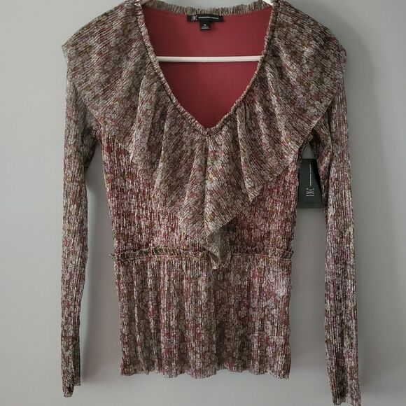 INC Womens Brown Floral/Metallic Long Sleeve V Neck Blouse Size XS - Picture 2 of 7